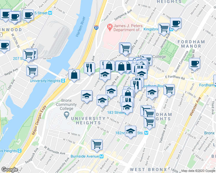map of restaurants, bars, coffee shops, grocery stores, and more near 2315 University Avenue in The Bronx