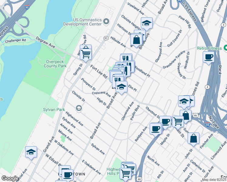 map of restaurants, bars, coffee shops, grocery stores, and more near 109 Oaktree Place in Leonia