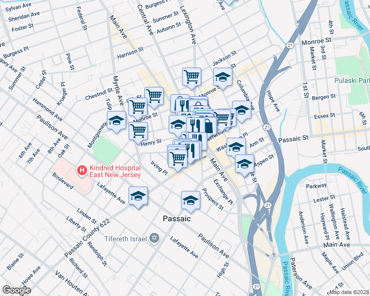 map of restaurants, bars, coffee shops, grocery stores, and more near 49 Garden Street in Passaic