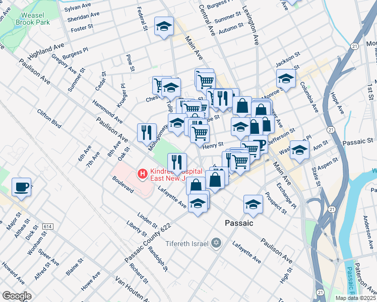 map of restaurants, bars, coffee shops, grocery stores, and more near 349 Madison Street in Passaic