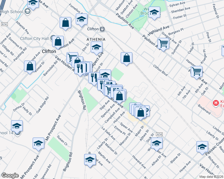 map of restaurants, bars, coffee shops, grocery stores, and more near 35 Machias Street in Clifton