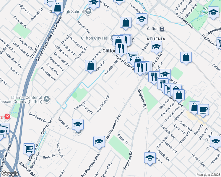 map of restaurants, bars, coffee shops, grocery stores, and more near 116 Barnsdale Road in Clifton