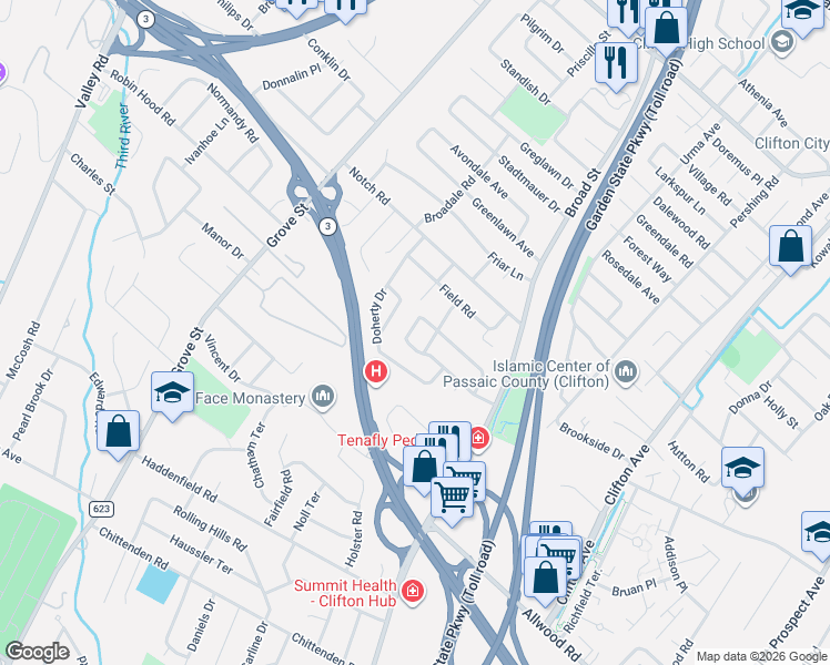 map of restaurants, bars, coffee shops, grocery stores, and more near 119 Highview Drive in Clifton