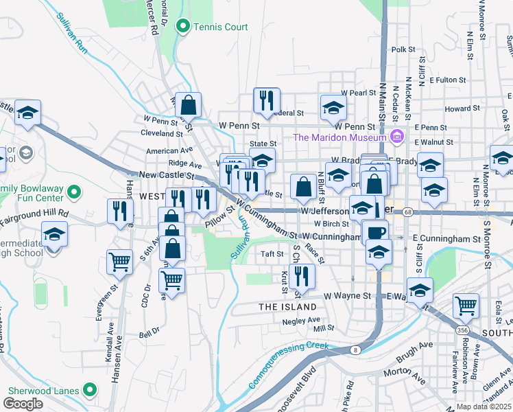map of restaurants, bars, coffee shops, grocery stores, and more near 510 West Cunningham Street in Butler