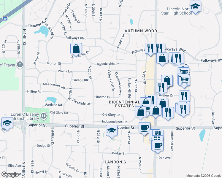 map of restaurants, bars, coffee shops, grocery stores, and more near 5025 Valley Forge Road in Lincoln