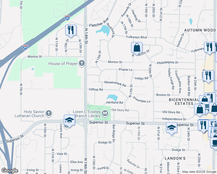 map of restaurants, bars, coffee shops, grocery stores, and more near 1533 Meadowlark Road in Lincoln