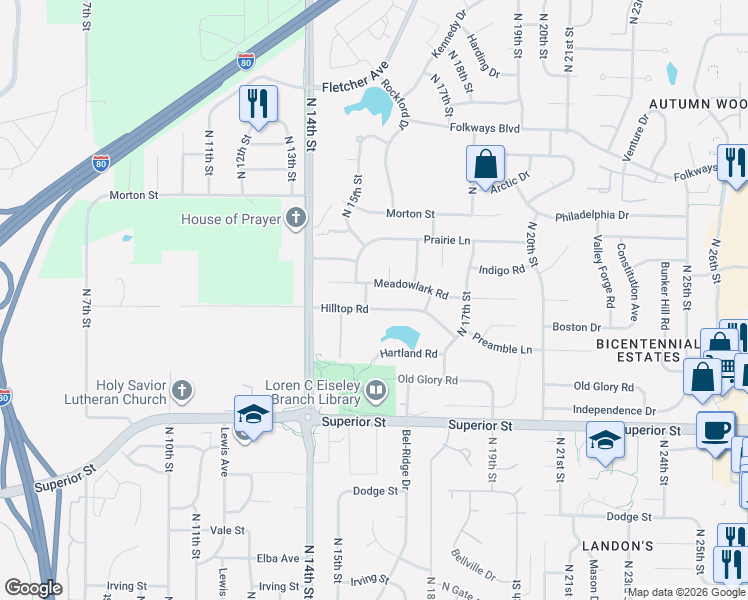 map of restaurants, bars, coffee shops, grocery stores, and more near 1461 Meadowlark Road in Lincoln