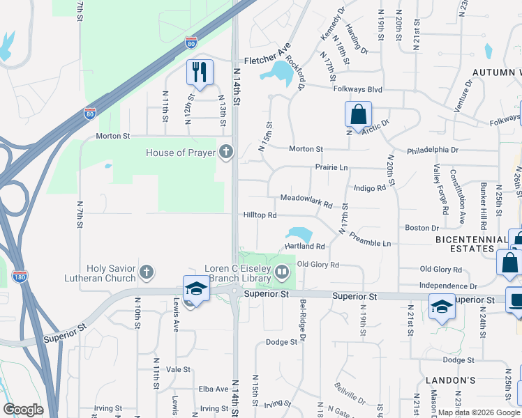 map of restaurants, bars, coffee shops, grocery stores, and more near 1461 Meadowlark Road in Lincoln