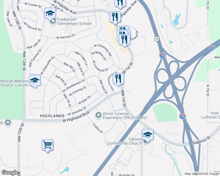 map of restaurants, bars, coffee shops, grocery stores, and more near 4840 Northwest Pemberly Lane in Lincoln