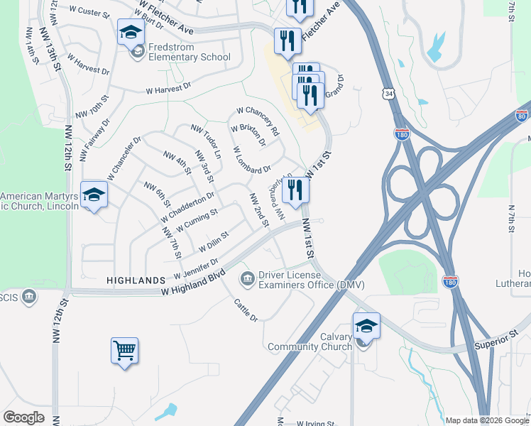 map of restaurants, bars, coffee shops, grocery stores, and more near 5000 Northwest 2nd Street in Lincoln