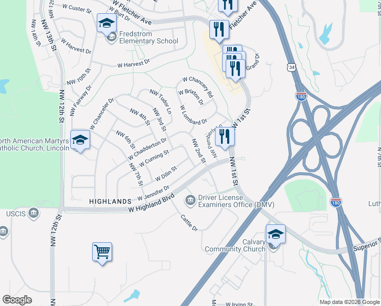 map of restaurants, bars, coffee shops, grocery stores, and more near 5000 Northwest 2nd Street in Lincoln