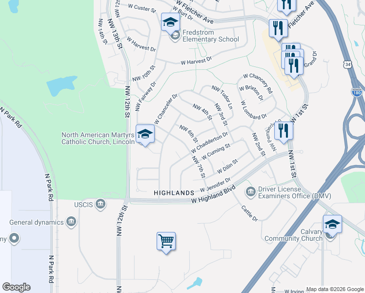 map of restaurants, bars, coffee shops, grocery stores, and more near 5220 Northwest 7th Street in Lincoln