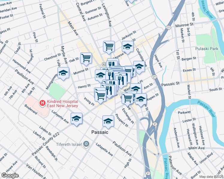 map of restaurants, bars, coffee shops, grocery stores, and more near 181 Prospect Street in Passaic
