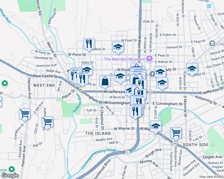 map of restaurants, bars, coffee shops, grocery stores, and more near 108 North Bluff Street in Butler