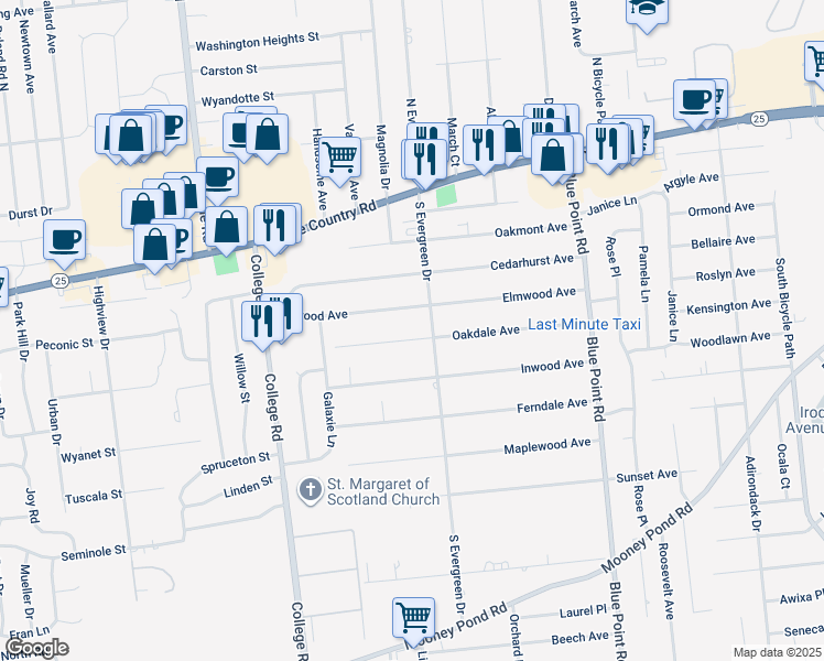 map of restaurants, bars, coffee shops, grocery stores, and more near 56 South Evergreen Drive in Selden