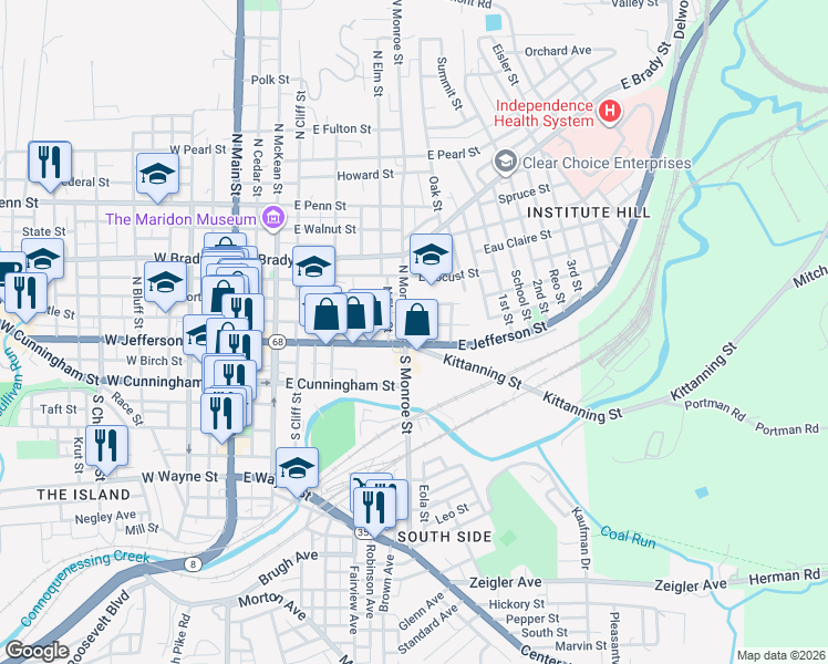 map of restaurants, bars, coffee shops, grocery stores, and more near 105 College Street in Butler