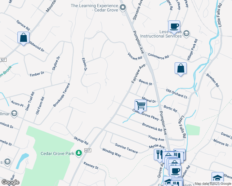map of restaurants, bars, coffee shops, grocery stores, and more near 8 Chapel Hill Court in Cedar Grove