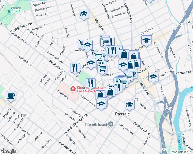 map of restaurants, bars, coffee shops, grocery stores, and more near 349 Madison Street in Passaic