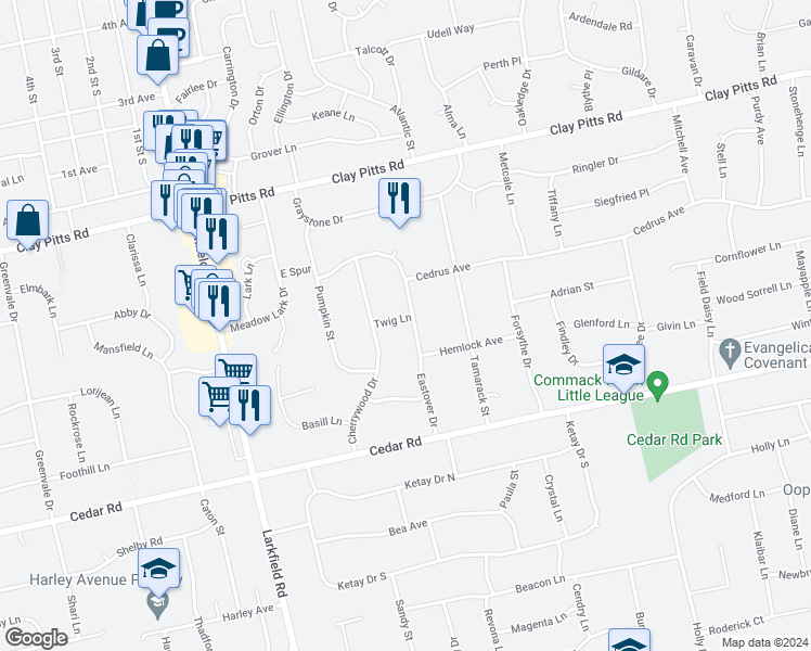 map of restaurants, bars, coffee shops, grocery stores, and more near 23 Eastover Drive in East Northport
