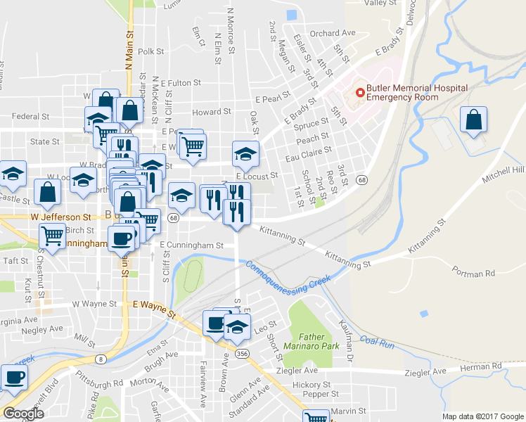 map of restaurants, bars, coffee shops, grocery stores, and more near 127 College St in Butler