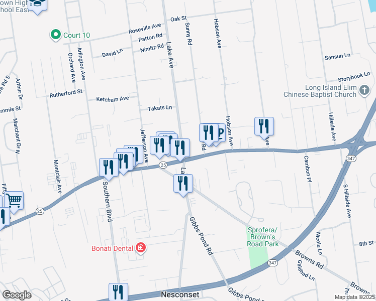 map of restaurants, bars, coffee shops, grocery stores, and more near 35 Lake Avenue in Saint James