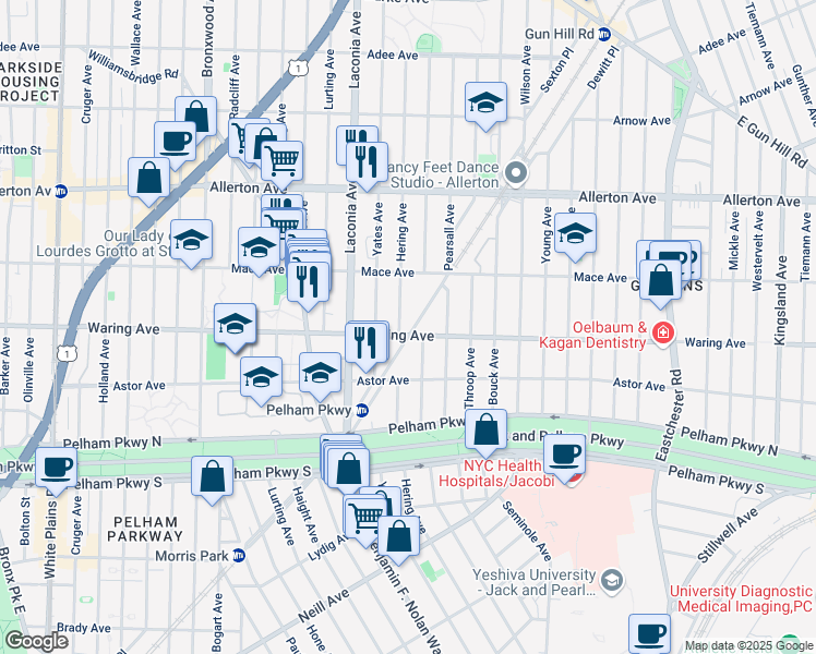 map of restaurants, bars, coffee shops, grocery stores, and more near 2409 Hering Avenue in Bronx