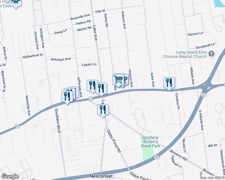map of restaurants, bars, coffee shops, grocery stores, and more near 711 Middle Country Road in Smithtown