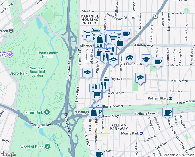 map of restaurants, bars, coffee shops, grocery stores, and more near White Plains Road & Waring Avenue in Bronx