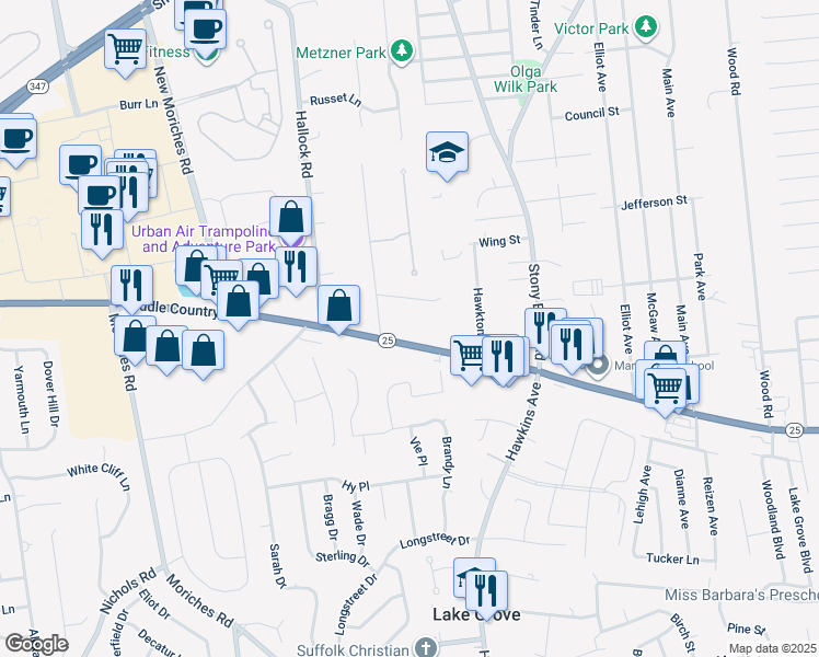 map of restaurants, bars, coffee shops, grocery stores, and more near 2995 Middle Country Road in Lake Grove