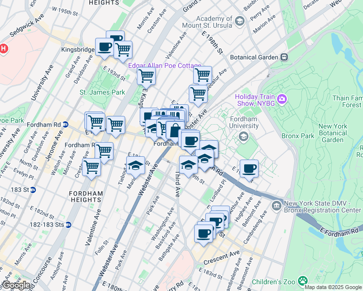 map of restaurants, bars, coffee shops, grocery stores, and more near 403 East Fordham Road in The Bronx