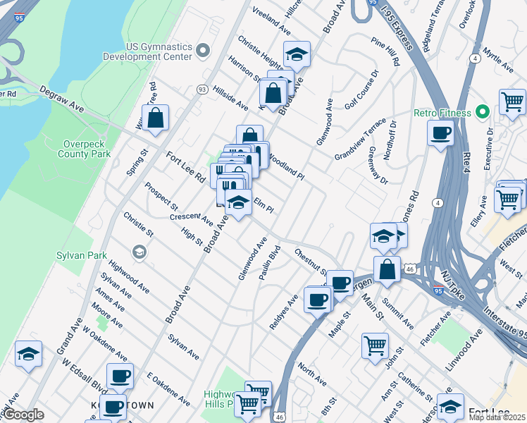 map of restaurants, bars, coffee shops, grocery stores, and more near 324 Elm Place in Leonia