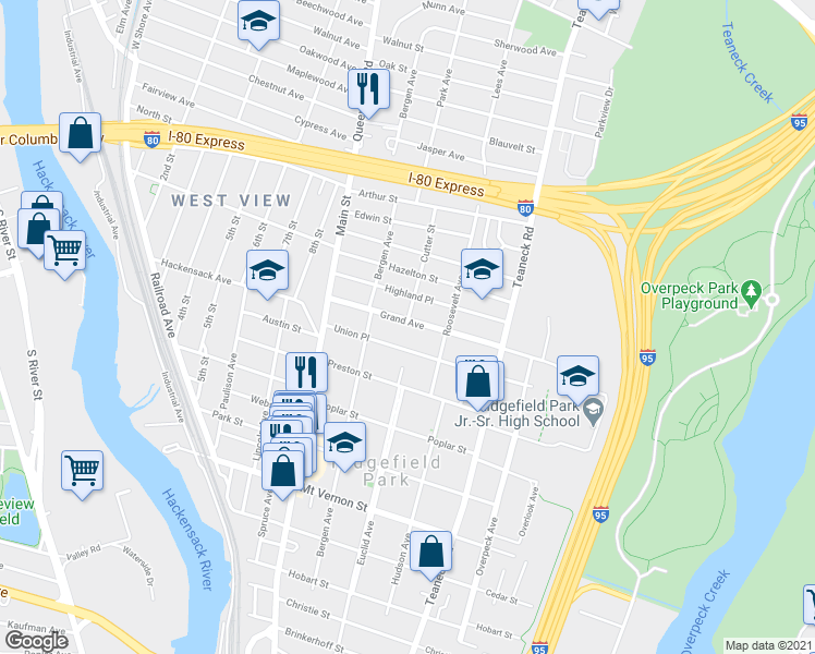 map of restaurants, bars, coffee shops, grocery stores, and more near 69 Grand Avenue in Ridgefield Park