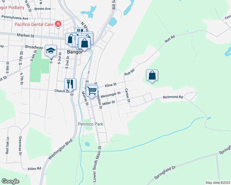 map of restaurants, bars, coffee shops, grocery stores, and more near 301 Messinger Street in Bangor