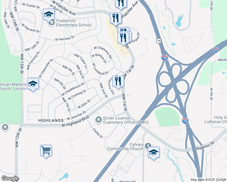 map of restaurants, bars, coffee shops, grocery stores, and more near 4840 Northwest Pemberly Lane in Lincoln