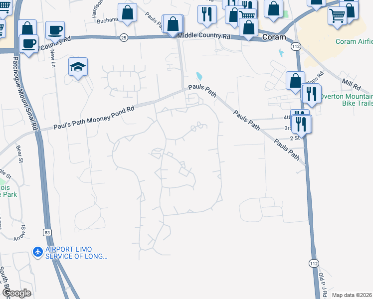 map of restaurants, bars, coffee shops, grocery stores, and more near 342 Woodland Court in Coram