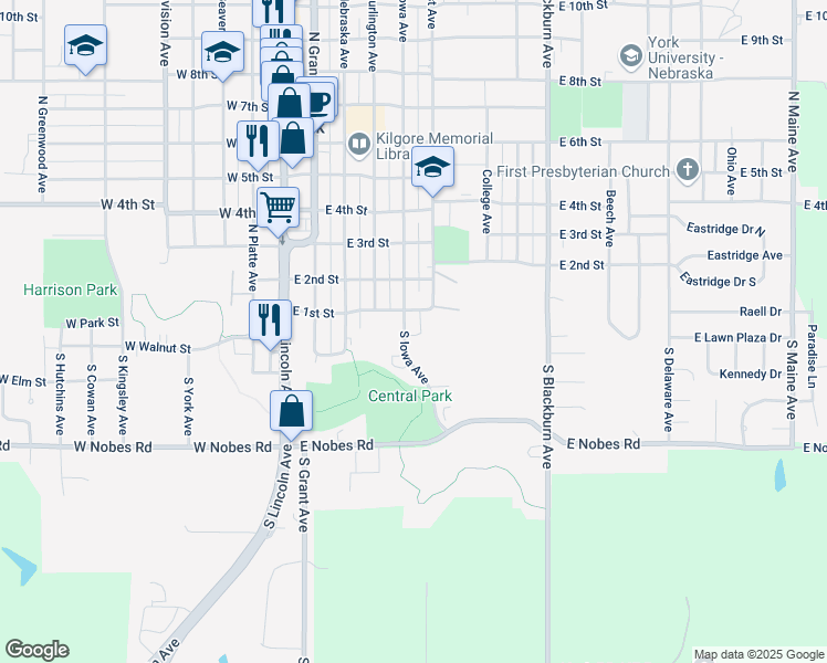 map of restaurants, bars, coffee shops, grocery stores, and more near 119 South Iowa Avenue in York