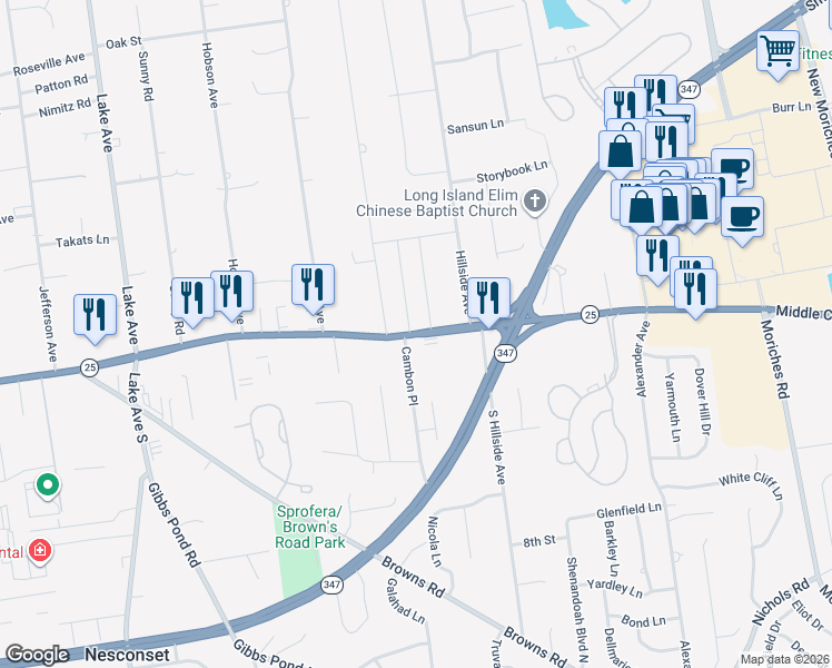 map of restaurants, bars, coffee shops, grocery stores, and more near New York State Route 25 in Nesconset