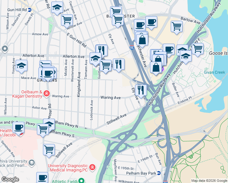 map of restaurants, bars, coffee shops, grocery stores, and more near 2431 Delanoy Avenue in Bronx