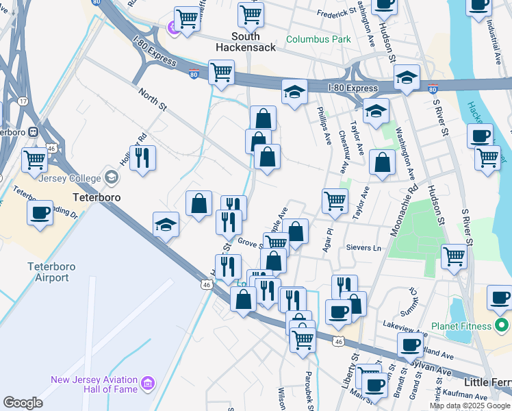 map of restaurants, bars, coffee shops, grocery stores, and more near 540 Huyler Street in South Hackensack