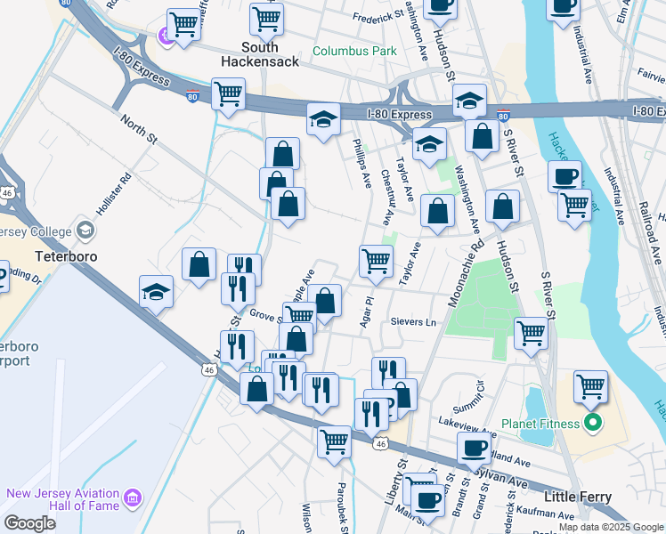 map of restaurants, bars, coffee shops, grocery stores, and more near 9 Milano Court in South Hackensack