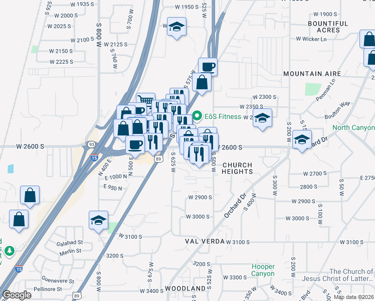 map of restaurants, bars, coffee shops, grocery stores, and more near 595 West 2600 South in Bountiful