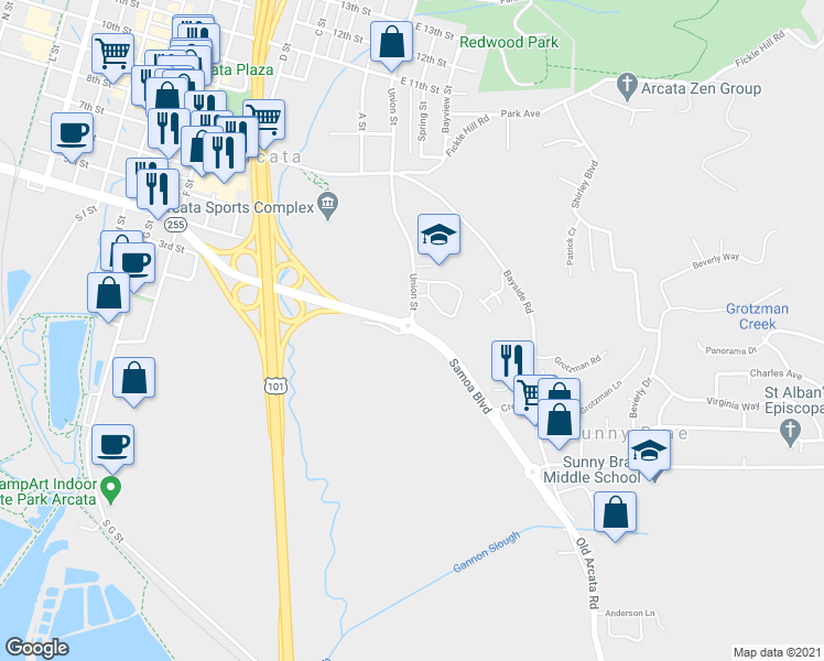 map of restaurants, bars, coffee shops, grocery stores, and more near 122 Samoa Boulevard in Arcata