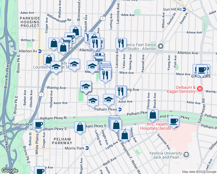 map of restaurants, bars, coffee shops, grocery stores, and more near 1061 Waring Avenue in Bronx