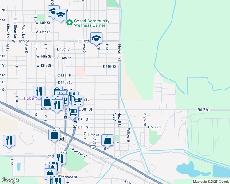 map of restaurants, bars, coffee shops, grocery stores, and more near 703 East 10th Street in Cozad