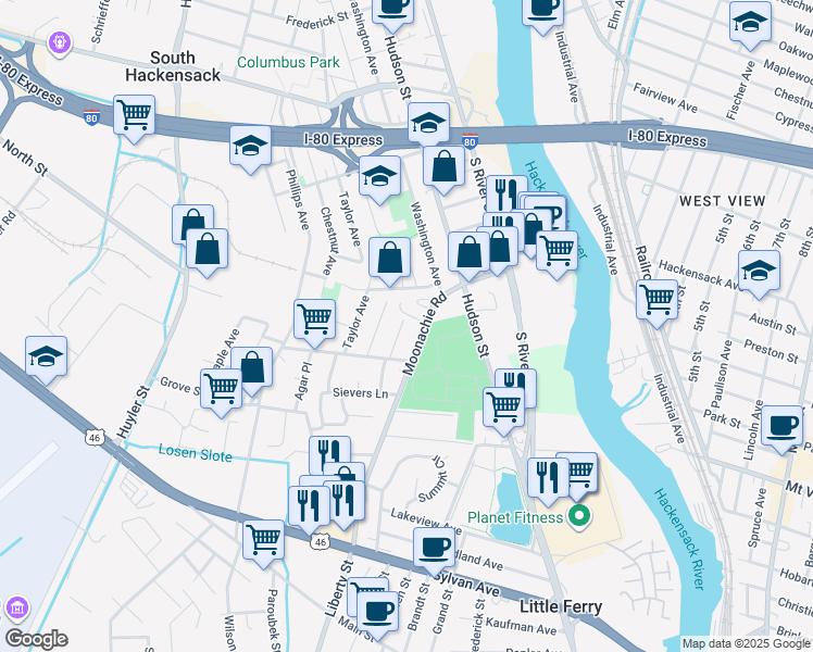 map of restaurants, bars, coffee shops, grocery stores, and more near 28 Jackson Ave in South Hackensack