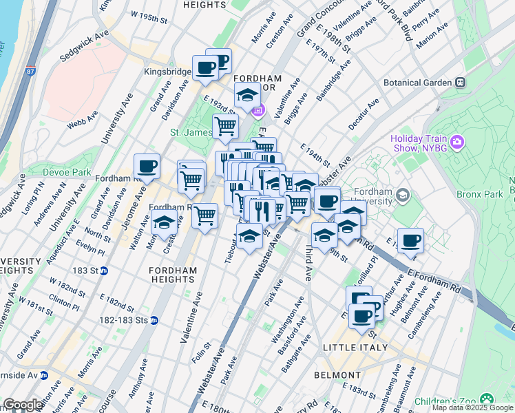 map of restaurants, bars, coffee shops, grocery stores, and more near 2485 Elm Place in The Bronx