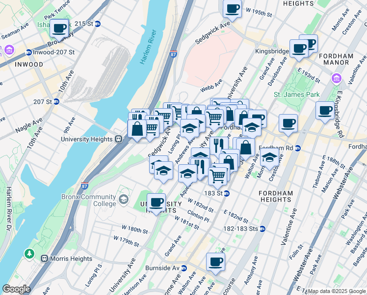 map of restaurants, bars, coffee shops, grocery stores, and more near 2299 Andrews Avenue North in Bronx