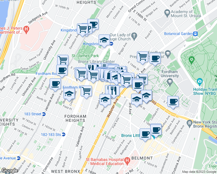 map of restaurants, bars, coffee shops, grocery stores, and more near 2485 Elm Place in Bronx