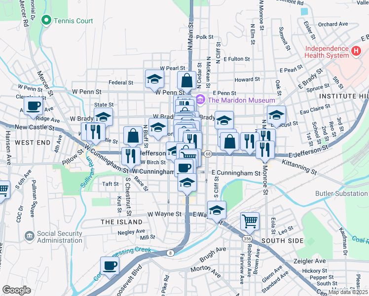 map of restaurants, bars, coffee shops, grocery stores, and more near in Butler