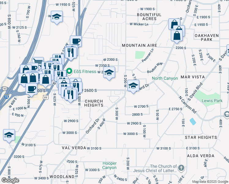 map of restaurants, bars, coffee shops, grocery stores, and more near 303 West 2600 South in Bountiful